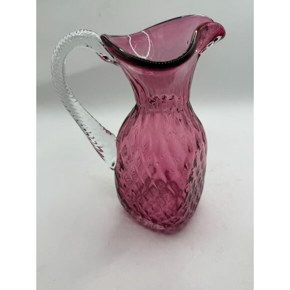 Rossi Art Glass Handblown Cranberry Optic Quilt Glass Pitcher w/ Applied Clear H - Picture 2 of 16